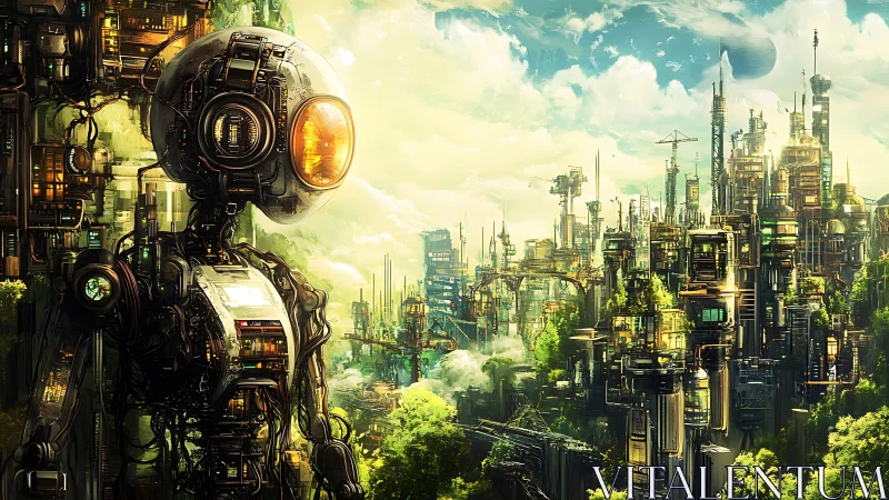 Humanoid robot observing dense futuristic green city.