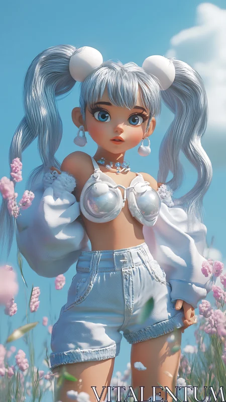 Silver haired anime girl stands in pastel flower meadow