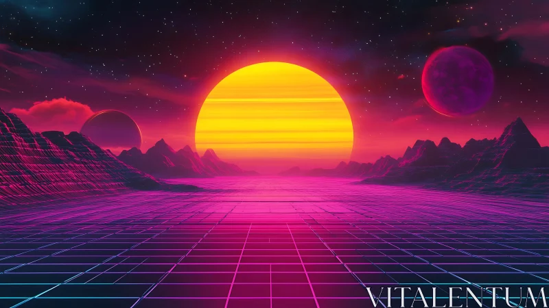 Neon grid horizon meets colossal retrofuturist sunscape.