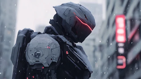 Snowfall sentinel: armored cyber-soldier in neon hush.