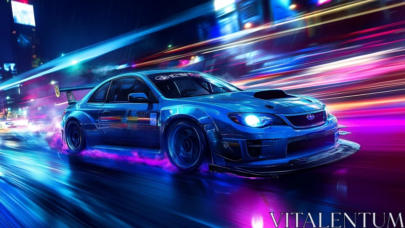 Blue street racer slicing through neon-soaked nightscape.