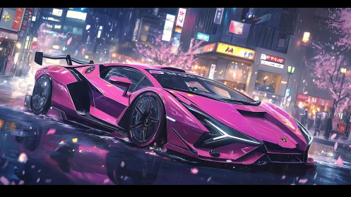 Electric pink supercar lights up a neon soaked city street