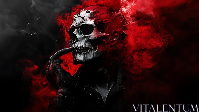 Skull-headed figure posed in dense swirling red smoke