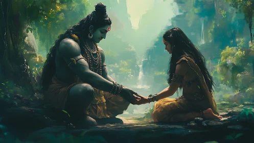 Divine couple in forest glade, luminous devotional exchange