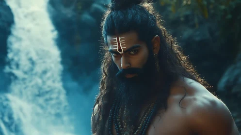 Intense warrior figure with sacred markings near waterfall.