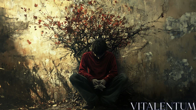 Young man sits against wall with autumn branches behind him