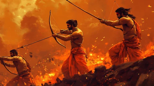 Warriors in flaming battlefield with dynamic archery combat.