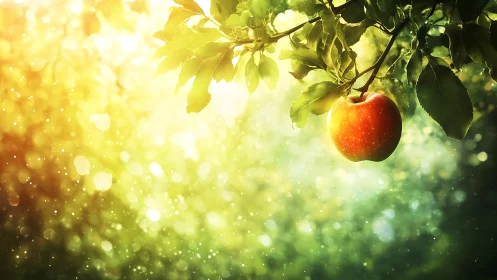 Sunlit apple hanging from leafy tree branch at golden hour.