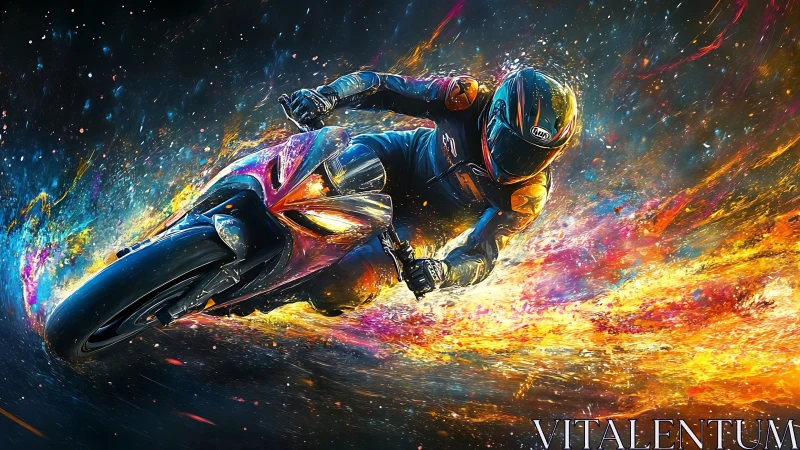 Motorcyclist leaning into turn amid vivid light trails.