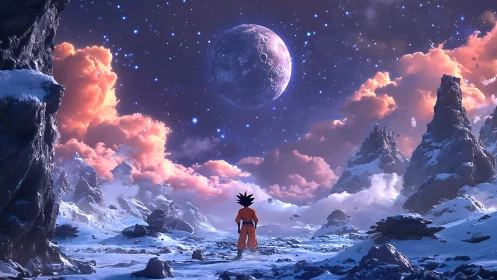 Lone anime warrior surveying frozen exoplanet horizonscape.