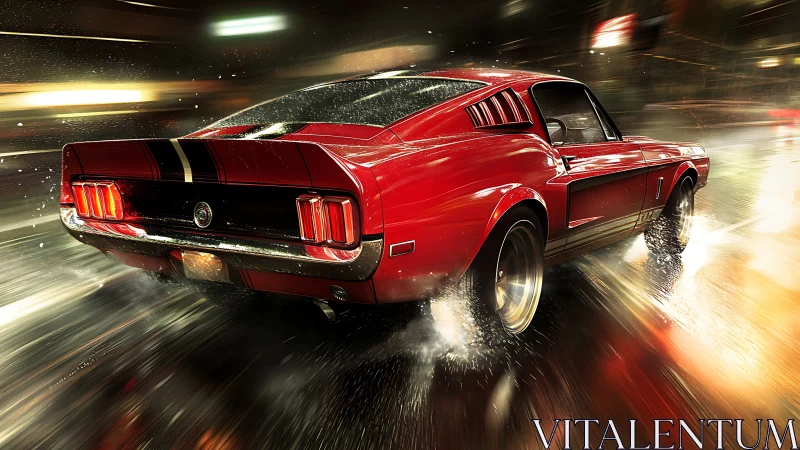 Classic red muscle car roaring through a neon night street.