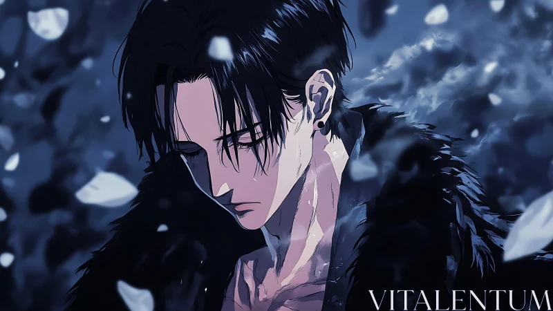 Brooding night wanderer wrapped in falling petals and fog.