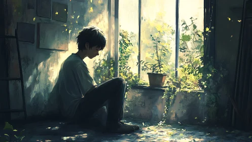 Solitary boy by sunlit window in overgrown quiet room.