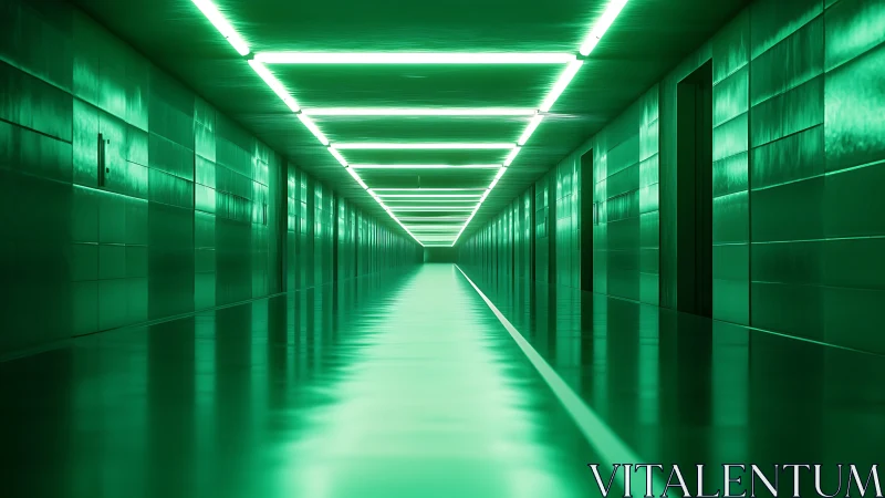 Futuristic green corridor glows with endless neon symmetry