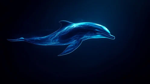 Glowing neon dolphin glides through deep cosmic ocean.
