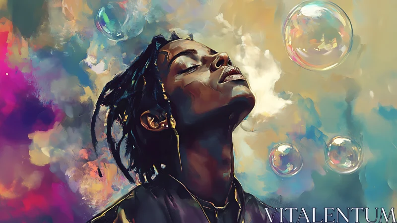 Digital portrait with bubbles and vibrant dreamscape sky.