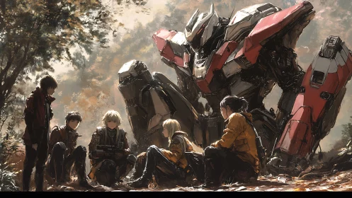 Group of youths resting near large combat mecha in forest.