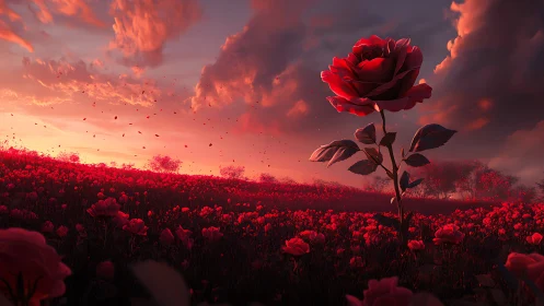 Red rose field under dramatic red and orange sunset sky.