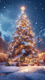 Midnight snowfall crowns a glowing old-town Christmas tree.