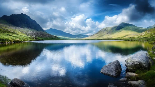 Quiet mountain lake cradled by sunlit hills and soft clouds.