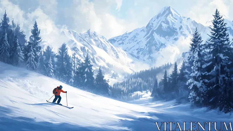 Skier on Alpine Slope with Snow-Covered Mountains.