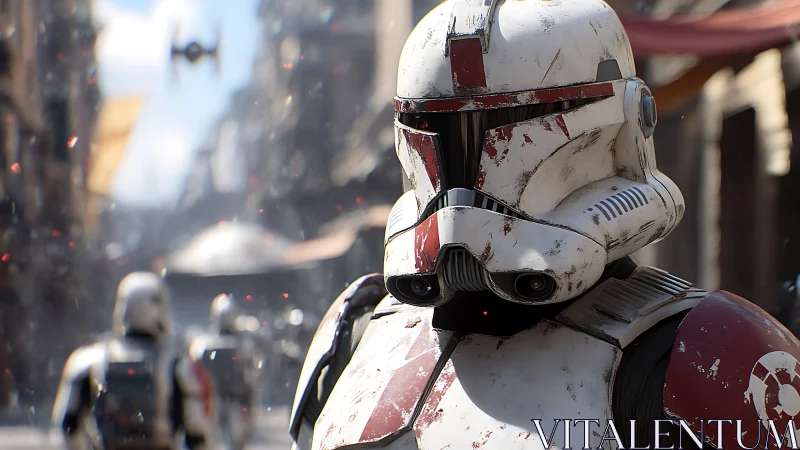 Battle-worn sci fi soldier pauses amid a crowded urban clash