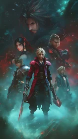 Brooding anime warriors assemble amid cosmic neon storm.