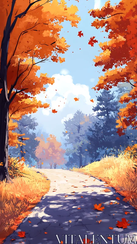 Tree-lined path with autumn foliage under clear sky.