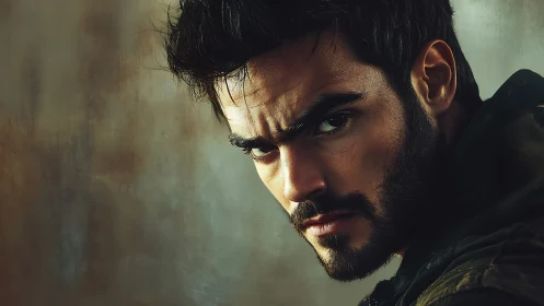 Smoldering gaze of a brooding stranger in warm light.