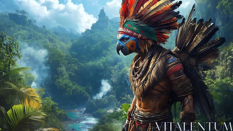 Native-inspired bird-masked warrior stands before dense jungle