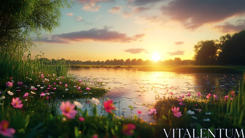 Sunlit wetland pond renders layered floral foreground depth