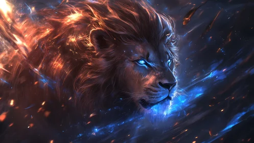 Digital painting of astral lion with fiery spectral energy.
