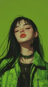 Digital painting portrait with neon green streetwear styling.
