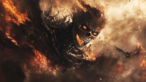 Infernal titan grins through wildfire and storming ash clouds.