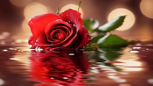 Red Rose with Dewdrops Reflected in Water Surface