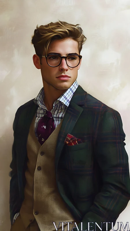 Dapper daydreamer in plaid armor and scholarly glasses.