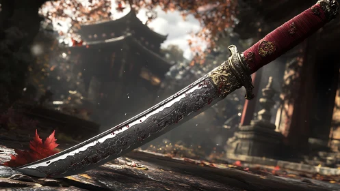 Bloodstained katana resting before temple in autumn light.