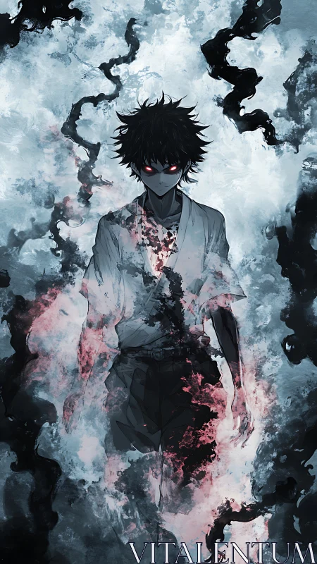 Dark anime figure with glowing red eyes in swirling smoke.
