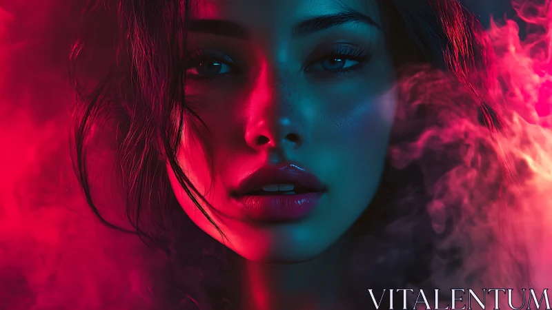 Digital portrait shows female face lit by contrasting neon haze