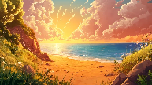 Sunlit sandy cove with cliffs, wild grass, and calm sea.