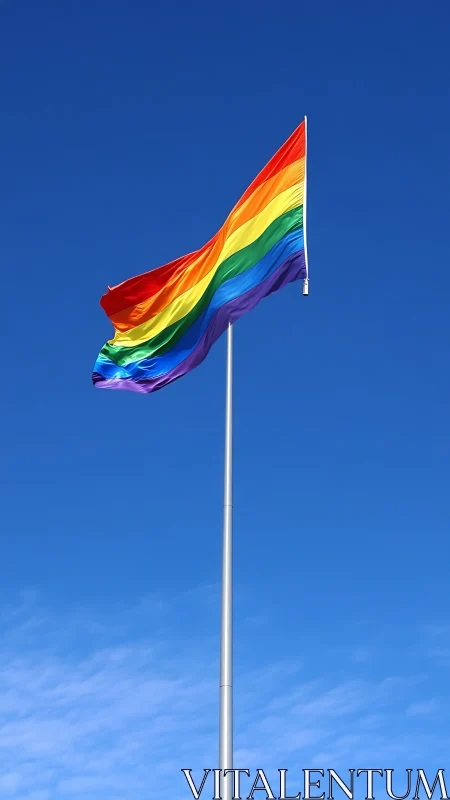 Pride rainbow flag under clear blue sky on tall aluminum flagpole