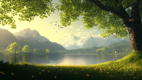 Sunlit alpine lake lies beneath snow peaks and green meadow