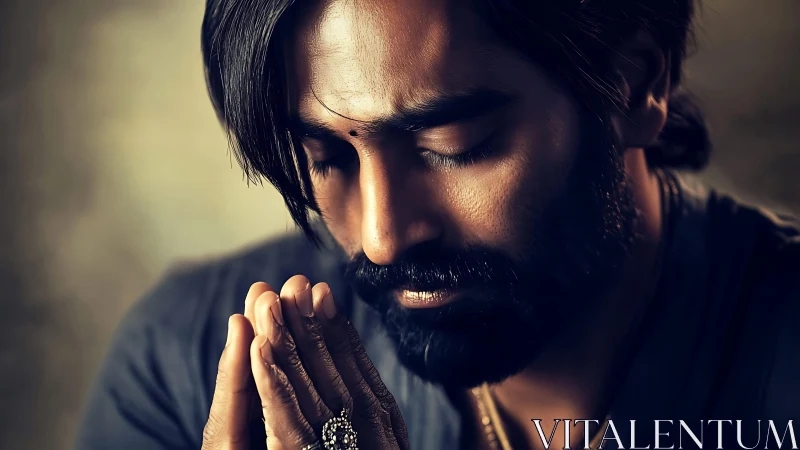 Photorealistic close portrait in contemplative prayer pose.