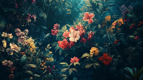 Lush digital jungle with layered vivid tropical flowers.