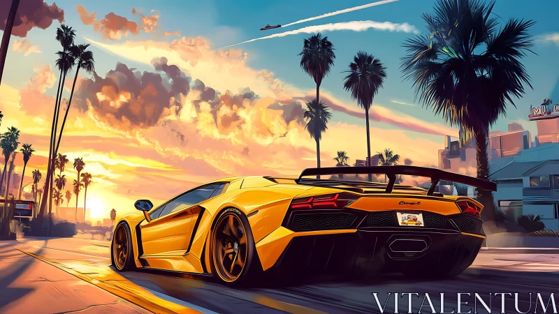 Yellow sports car moves along palm-lined street at sunset