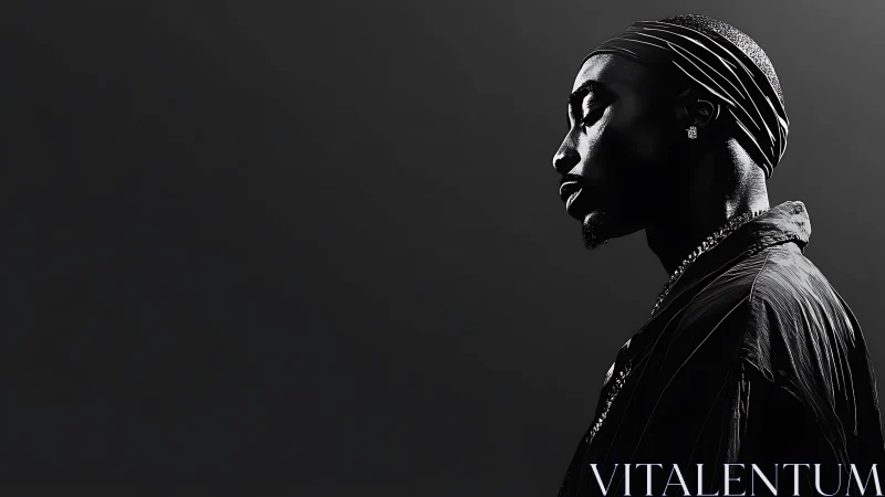 Monochrome side-lit portrait with high-contrast tonal mapping.