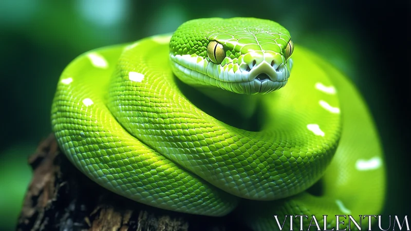 Green tree python coiled on branch in controlled lighting.