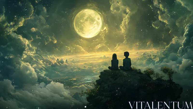 Moonlit cloud kingdom with two quiet dreamwatchers gazing.