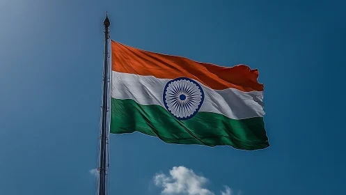 Indian tricolour flag on flagpole against clear blue sky.