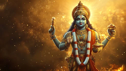 Hindu deity illustration with golden cosmic background.